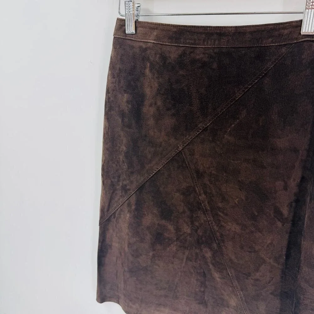 Vintage Kate Hill‎ Suede Skirt 8P Petite 100% Leather Classic Brown Timeless